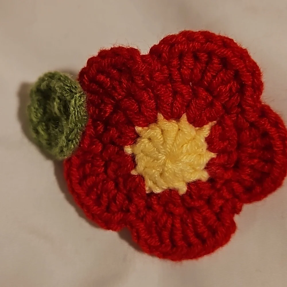 Hand Crafted hand knit crochet rose flower Red & yellow hair barrete clip TikTok